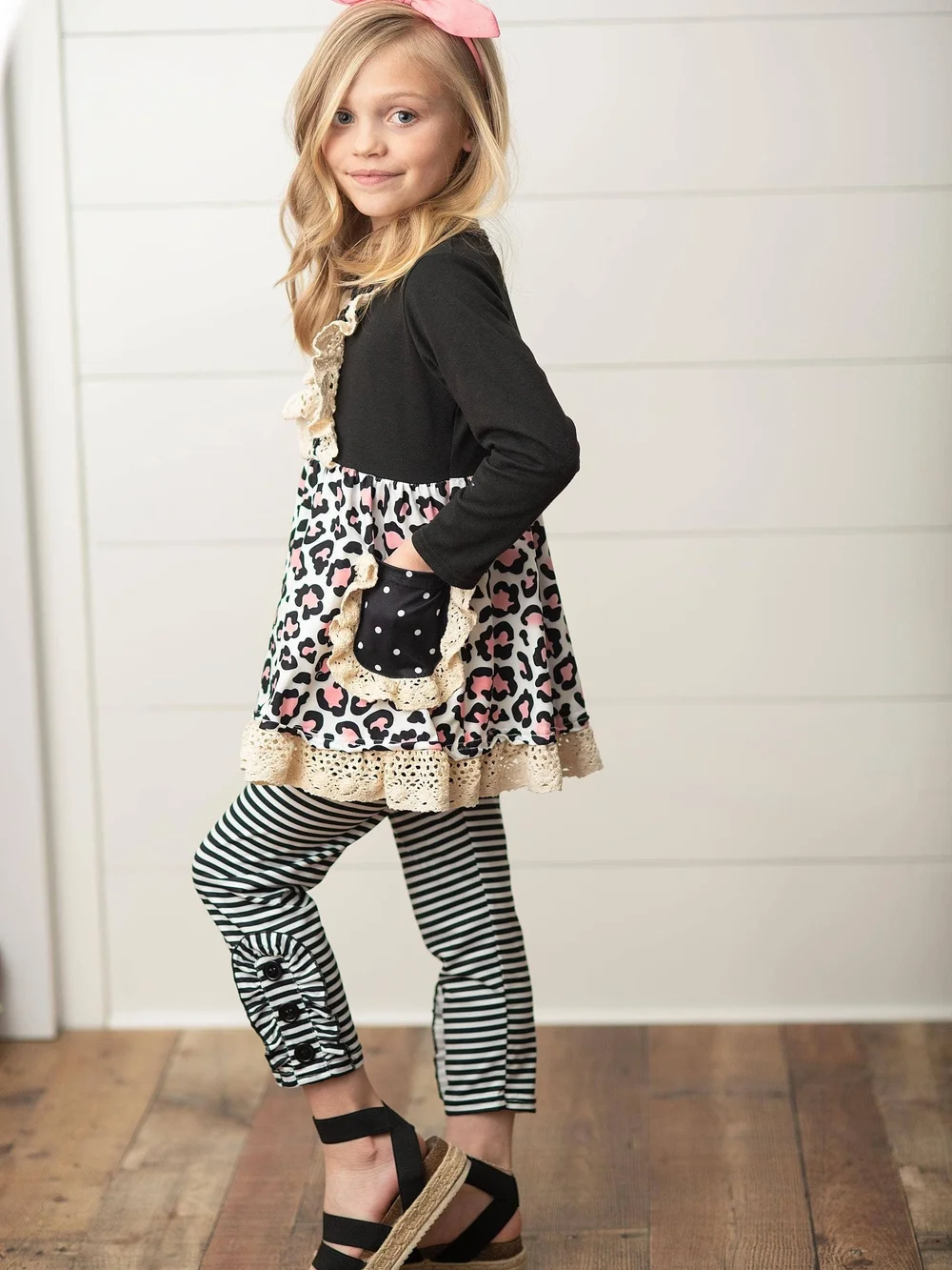 Girls Black & Pink Leopard Lace Trim Matching Set